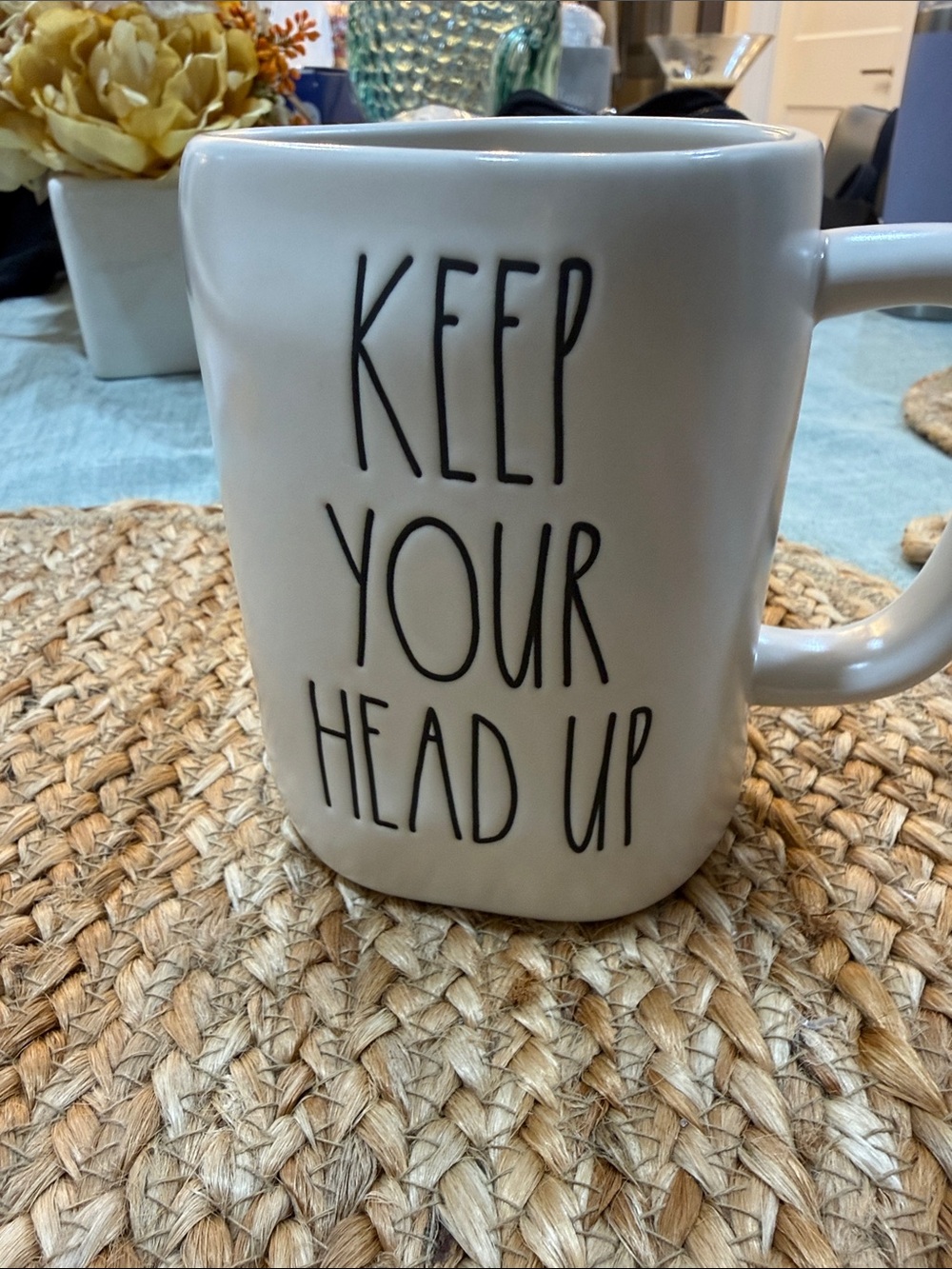 Rae Dunn White Mug with Black 'Keep Your Head Up' Lettering